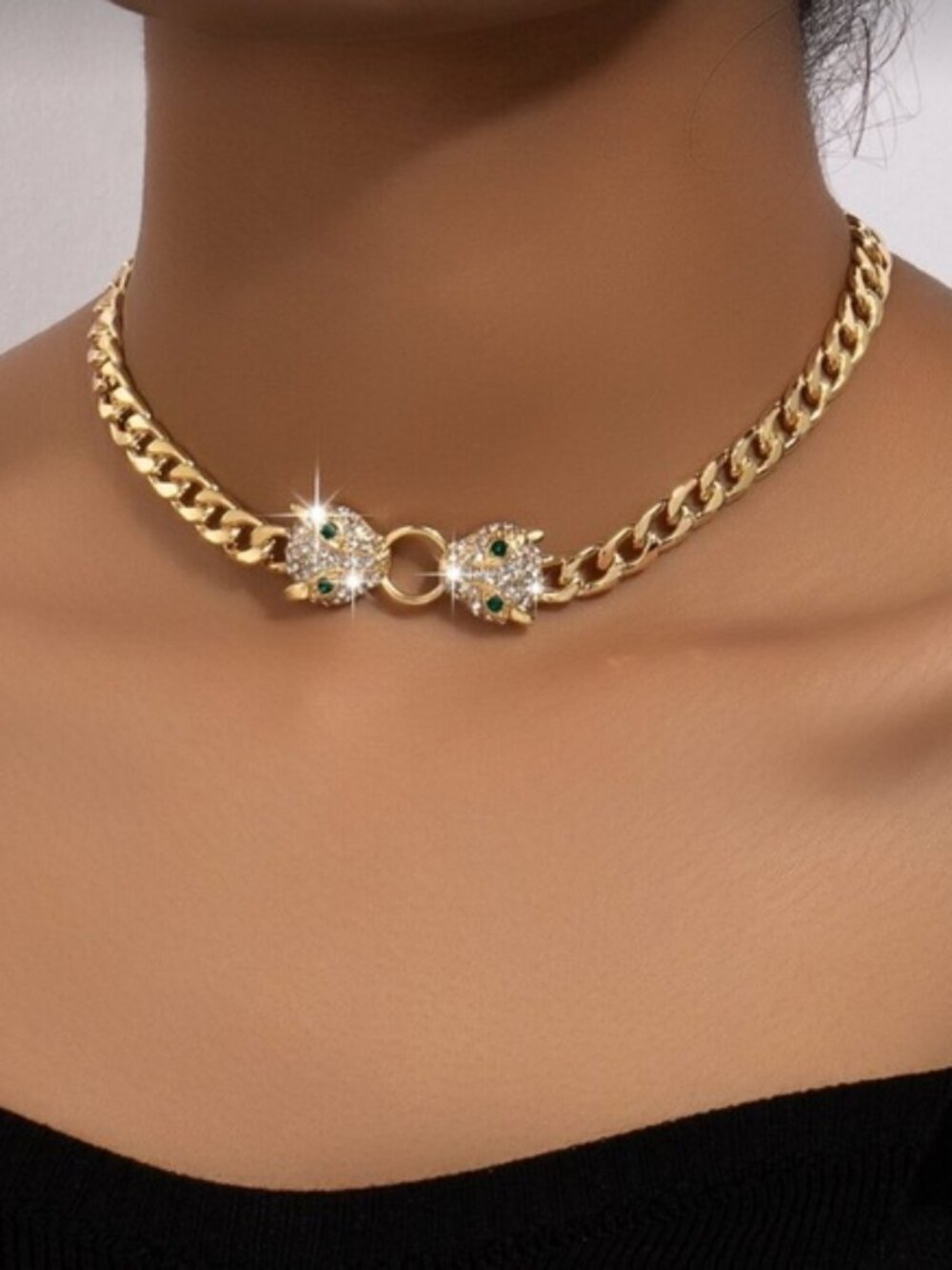 Gold Panther Head Cuban Link Necklace Rhinestone Statement Choker